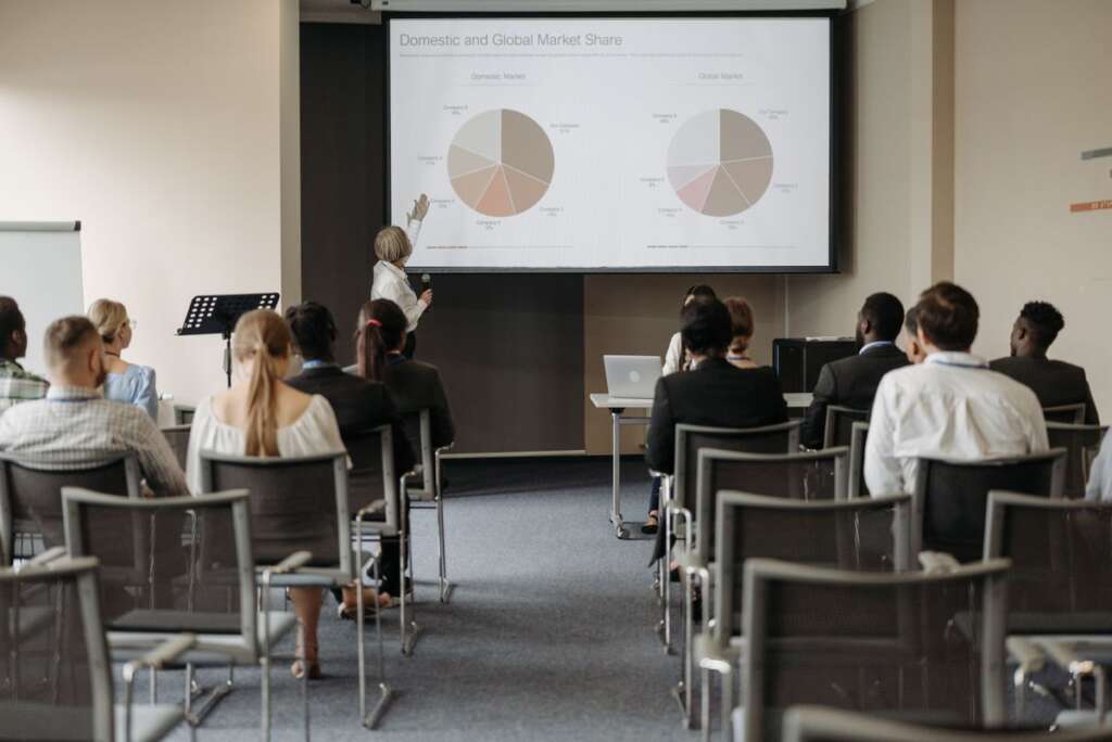 Conference room set in classroom style