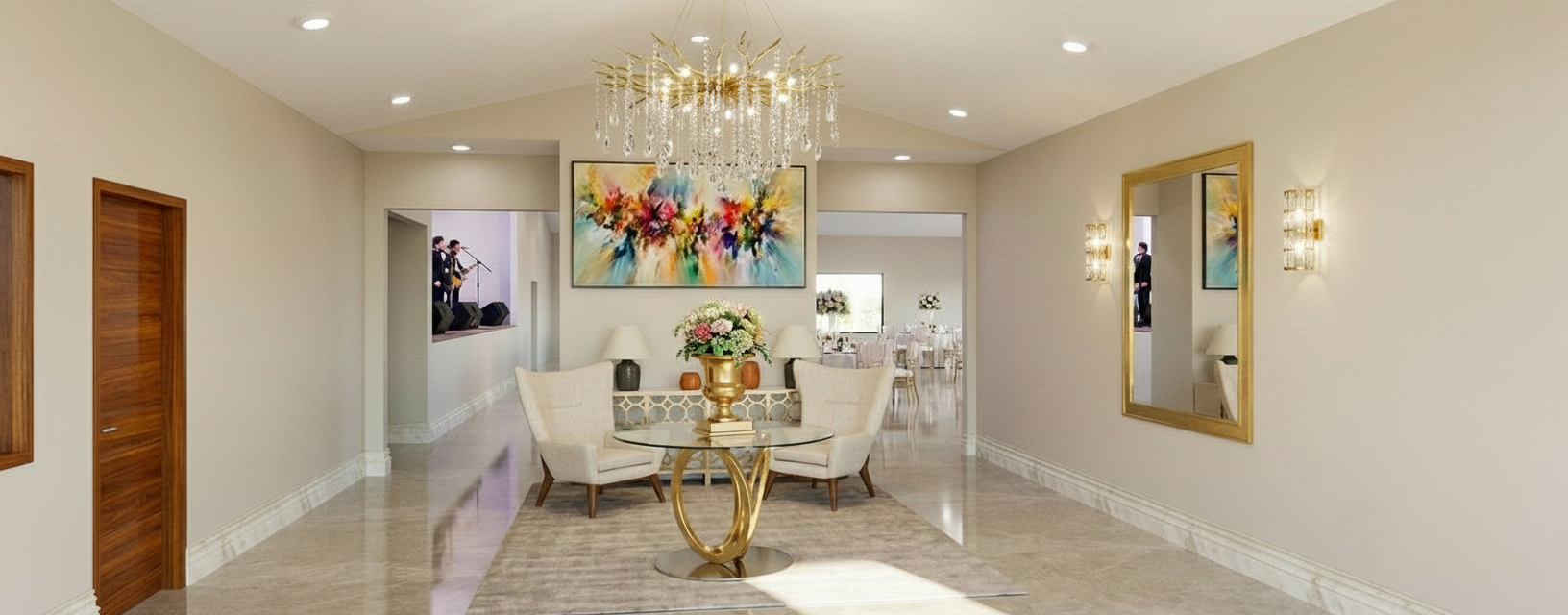 Elegant lobby with chandelier and golden details at Jardín de Juana